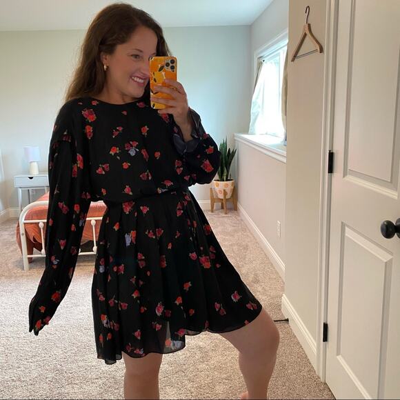 JASON WU Black Rose Floral Long Sleeve Mini Dress 10 - Picture 11 of 15